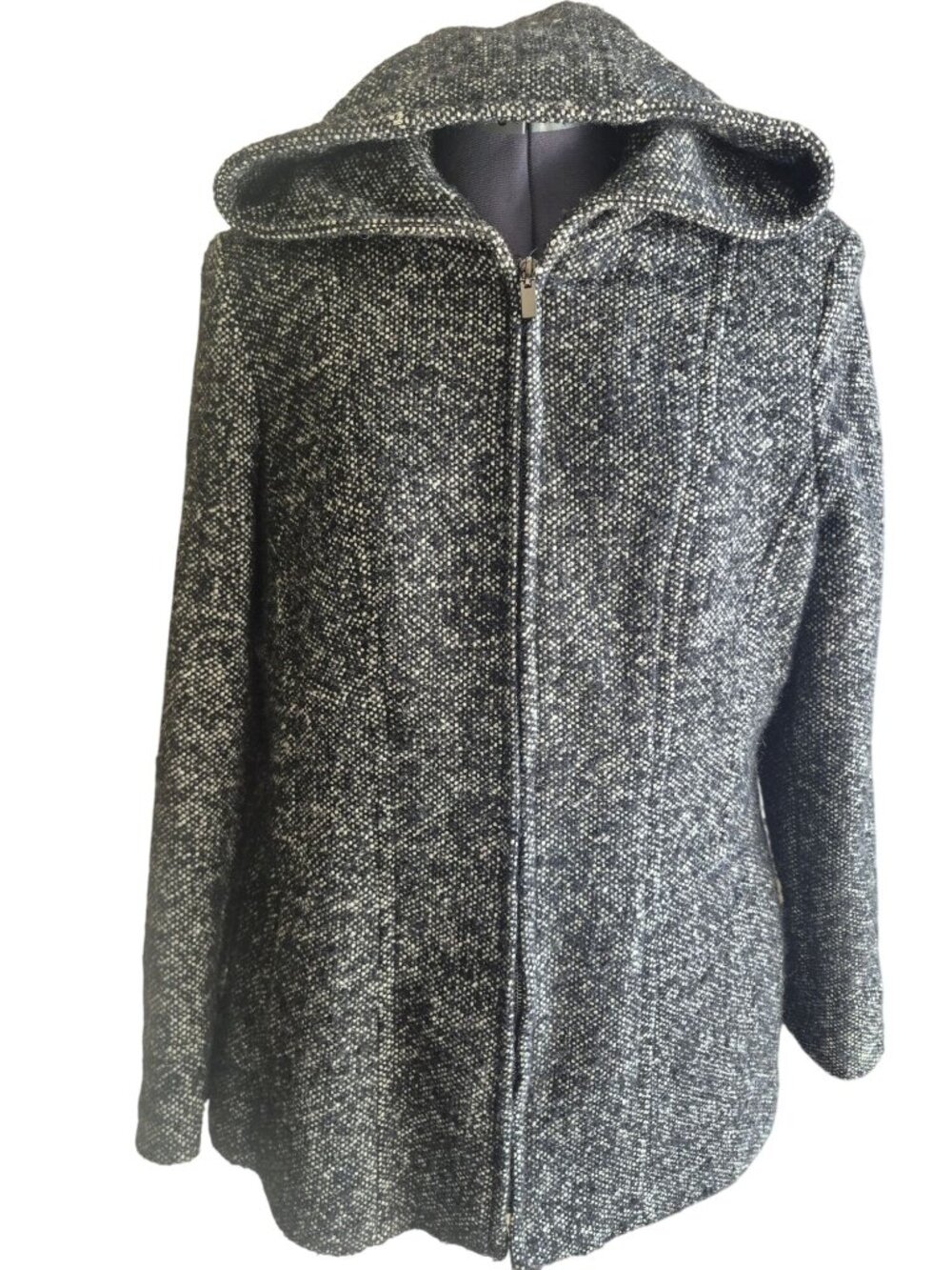 Anne Klein Black & White Tweed Hooded Coat L